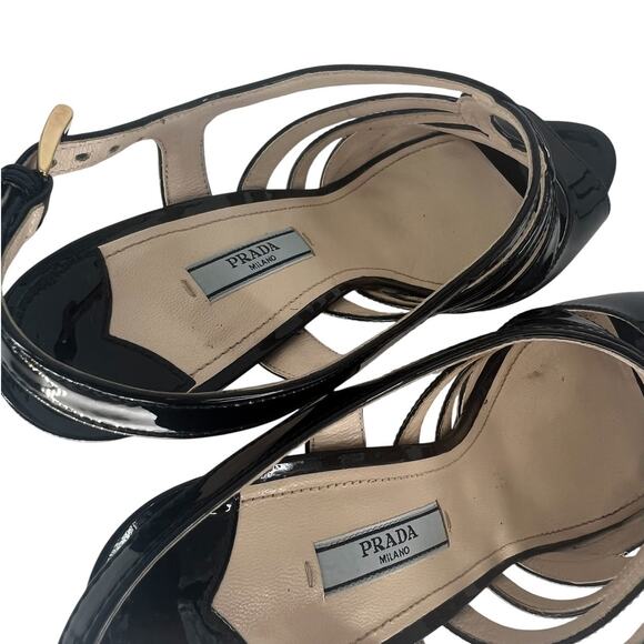 Prada Patent Leather Vitello Strappy Open Toe Heeled Sandals in Black - Picture 11 of 14